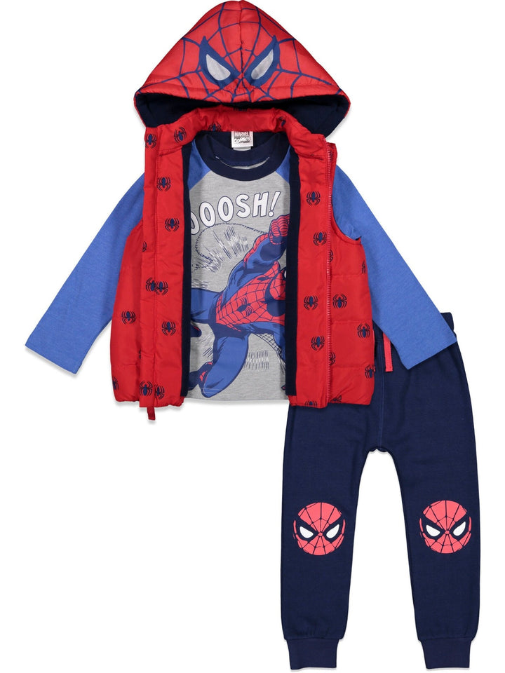 Marvel Avengers Spider - Man Zip Up Vest Puffer T - Shirt and Jogger Pants 3 Piece Outfit Set - imagikids