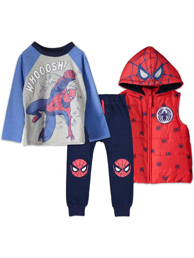 Marvel Avengers Spider - Man Zip Up Vest Puffer T - Shirt and Jogger Pants 3 Piece Outfit Set - imagikids