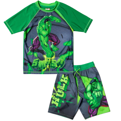 Marvel Avengers The Hulk UPF 50+ Rash Guard Swim Trunks Outfit Set