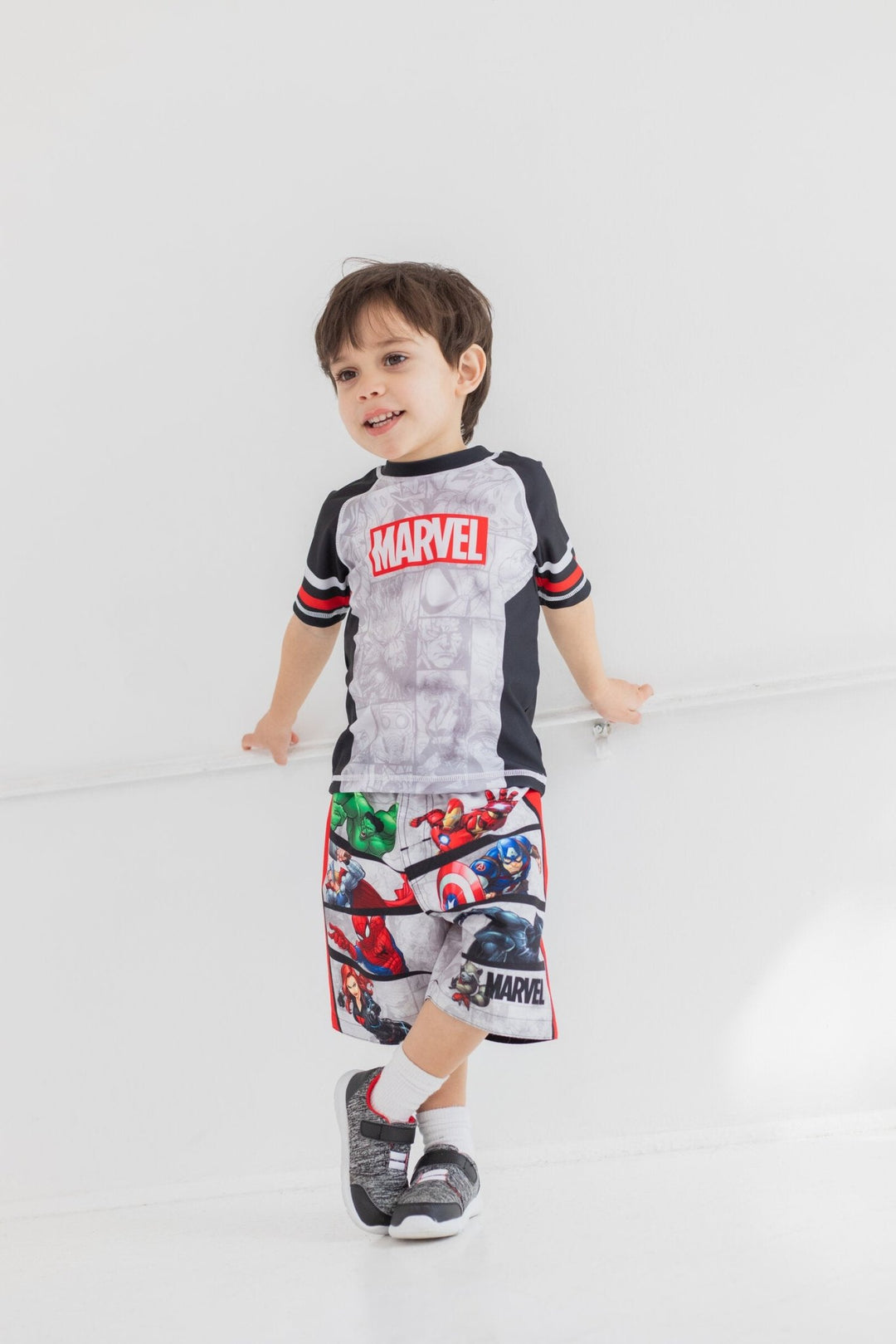 Marvel Avengers UPF 50+ Pullover Rash Guard Swim Trunks Outfit Set - imagikids