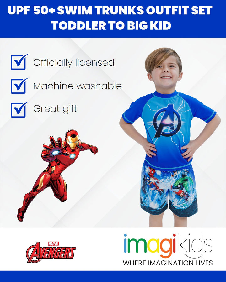 Marvel Avengers UPF 50+ Rash Guard Swim Trunks Outfit Set - imagikids