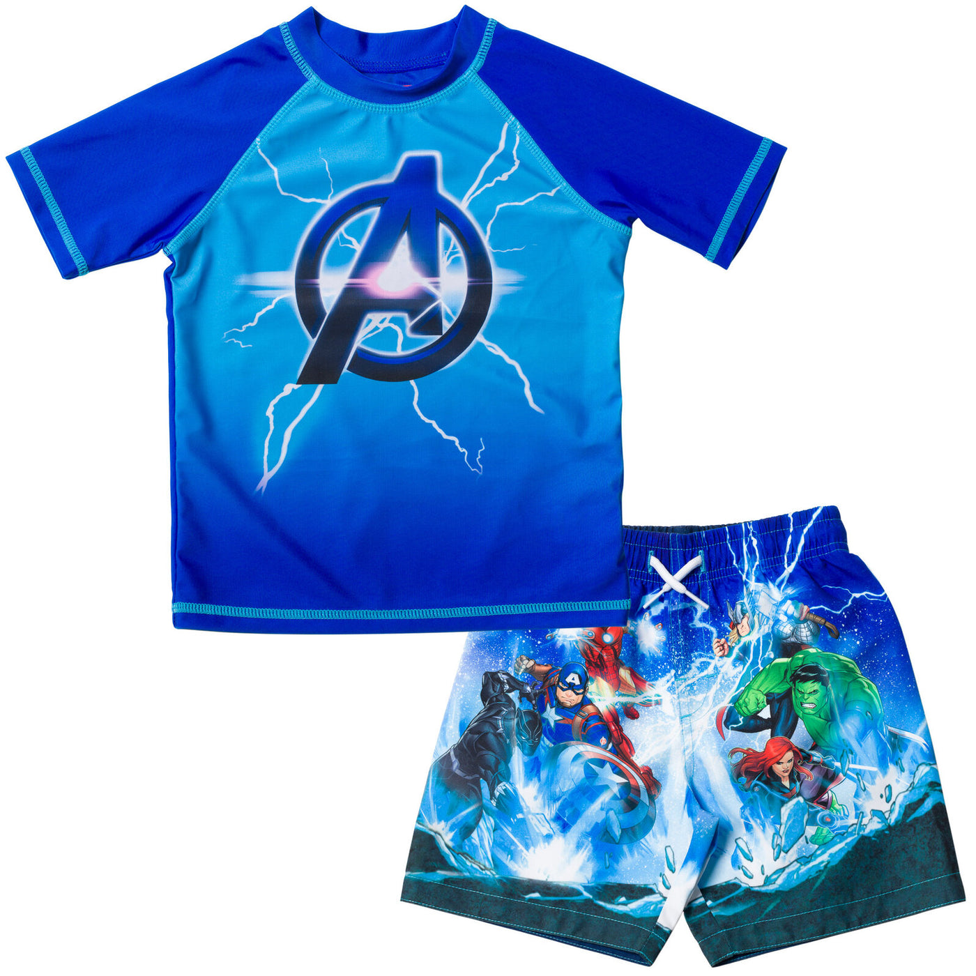 Marvel Avengers UPF 50+ Rash Guard Swim Trunks Outfit Set