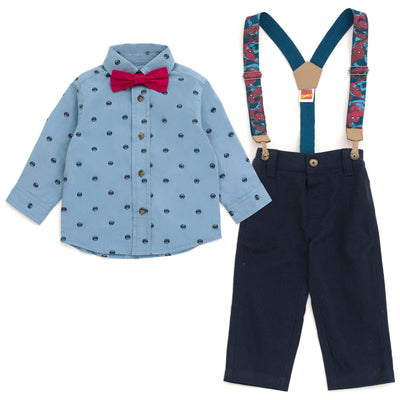 Marvel Spider - Man Button Down Shirt Twill Pants Suspenders and Bow - Tie 4 Piece Outfit Set - imagikids