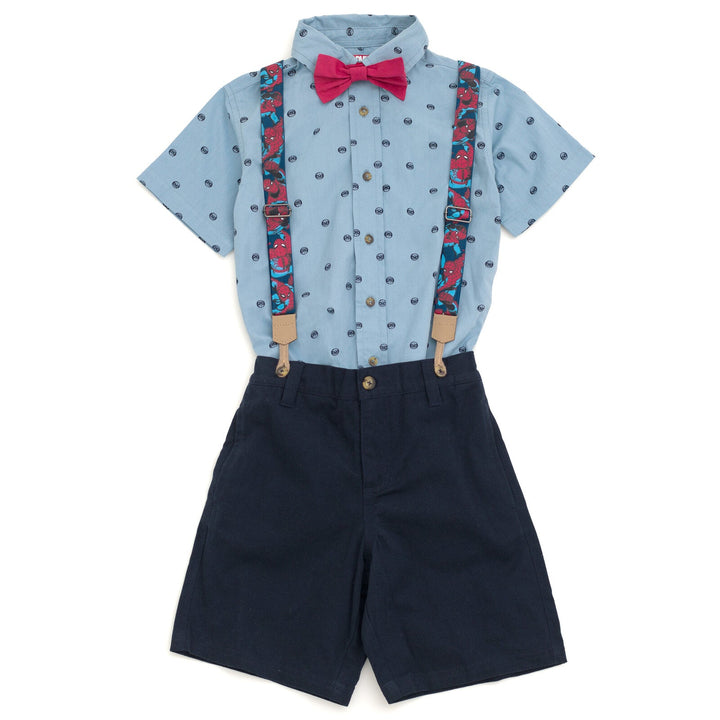 Marvel Spider - Man Button Down Shirt Twill Shorts Suspenders and Bow - Tie 4 Piece Outfit Set - imagikids