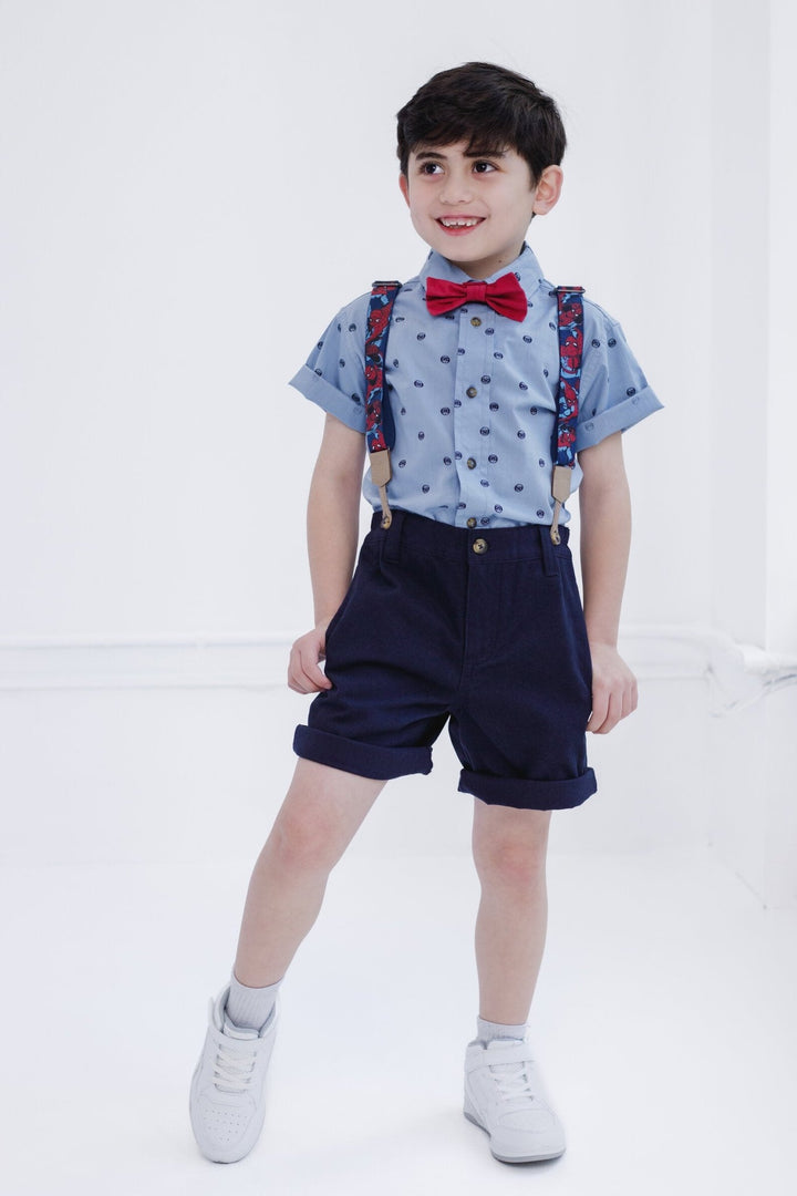 Marvel Spider - Man Button Down Shirt Twill Shorts Suspenders and Bow - Tie 4 Piece Outfit Set - imagikids