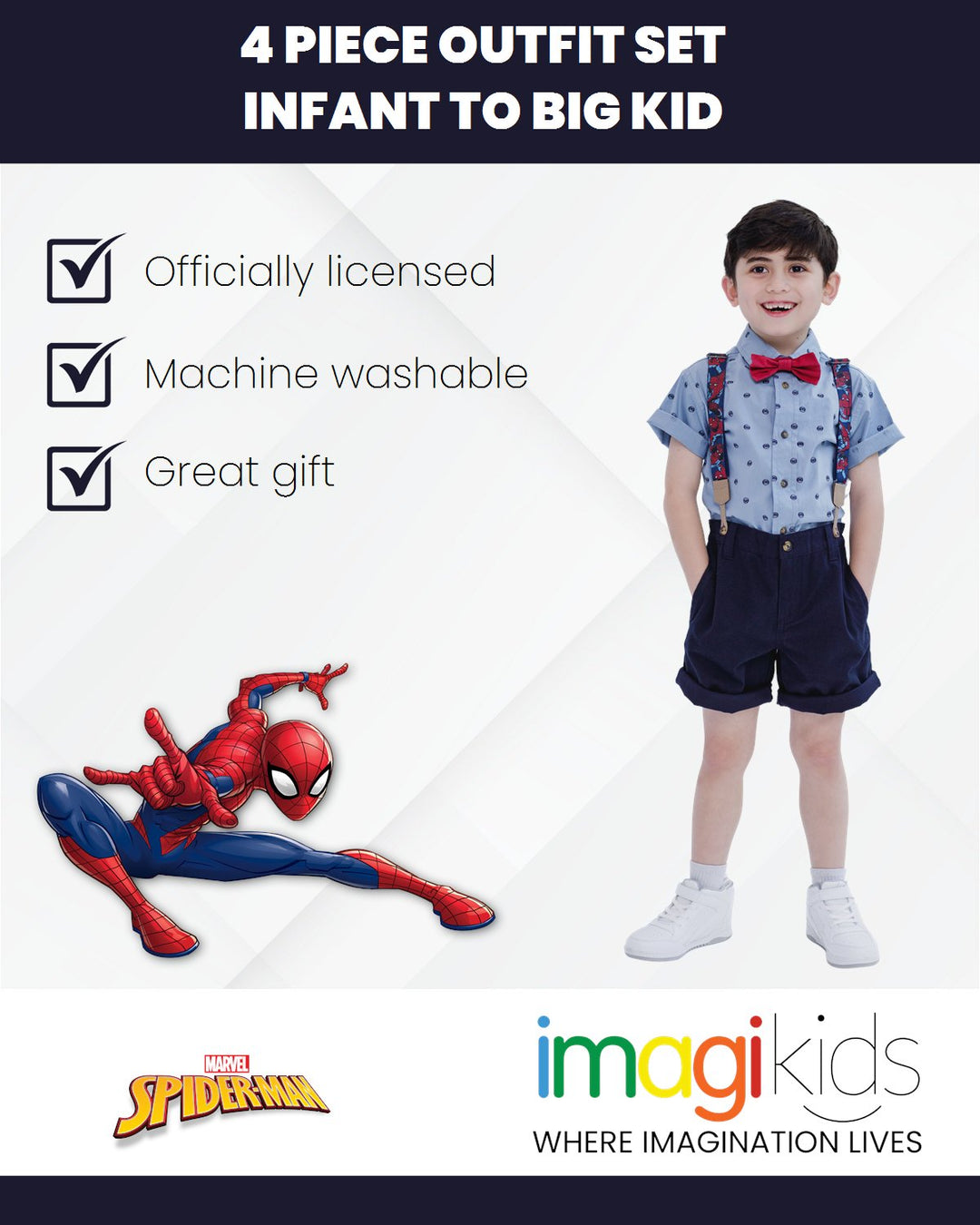 Marvel Spider - Man Button Down Shirt Twill Shorts Suspenders and Bow - Tie 4 Piece Outfit Set - imagikids