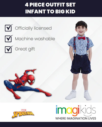 Marvel Spider - Man Button Down Shirt Twill Shorts Suspenders and Bow - Tie 4 Piece Outfit Set - imagikids
