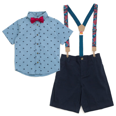 Marvel Spider - Man Button Down Shirt Twill Shorts Suspenders and Bow - Tie 4 Piece Outfit Set - imagikids