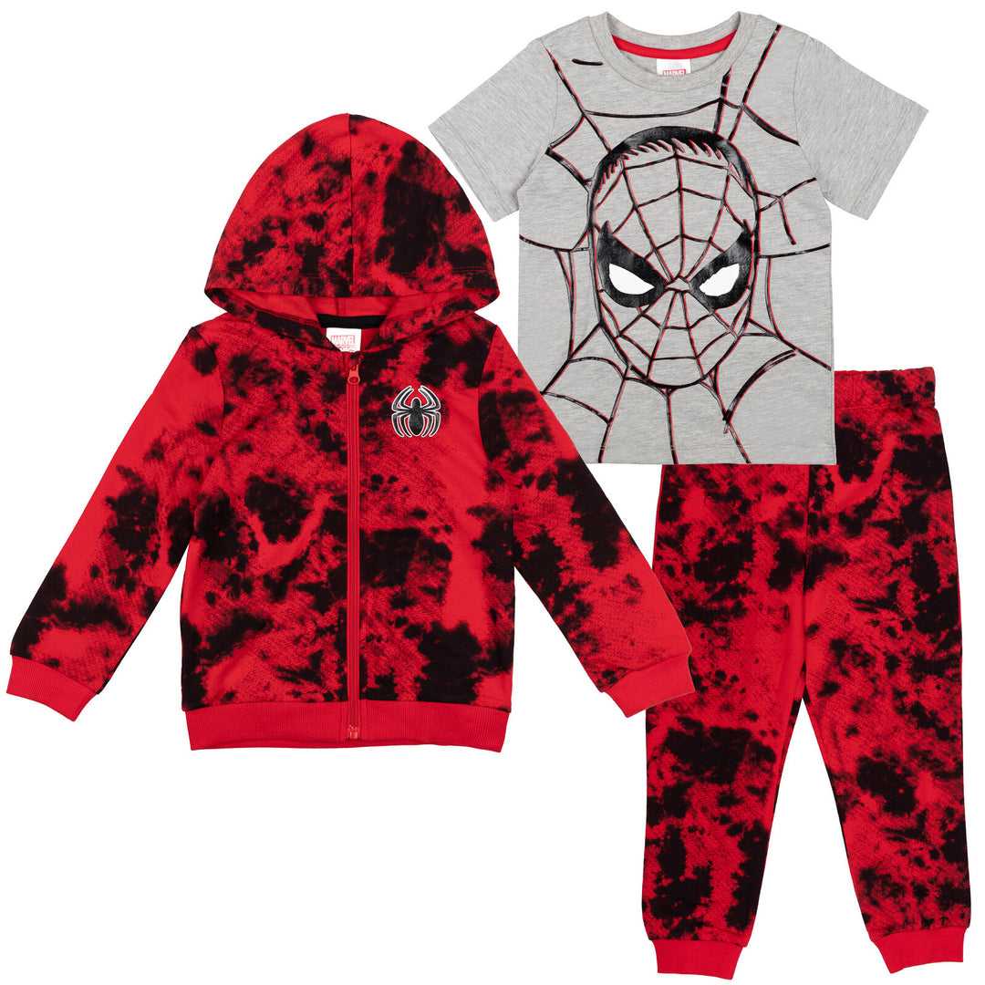 Conjunto de 3 piezas de Spider-Man French Terry: sudadera con capucha, camiseta, pantalones