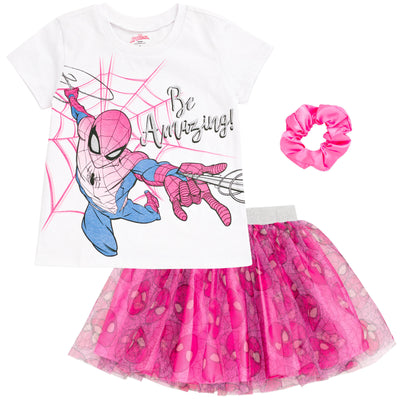 Marvel Spider-Man Girls T-Shirt Skirt and Scrunchie 3 Piece Outfit Set