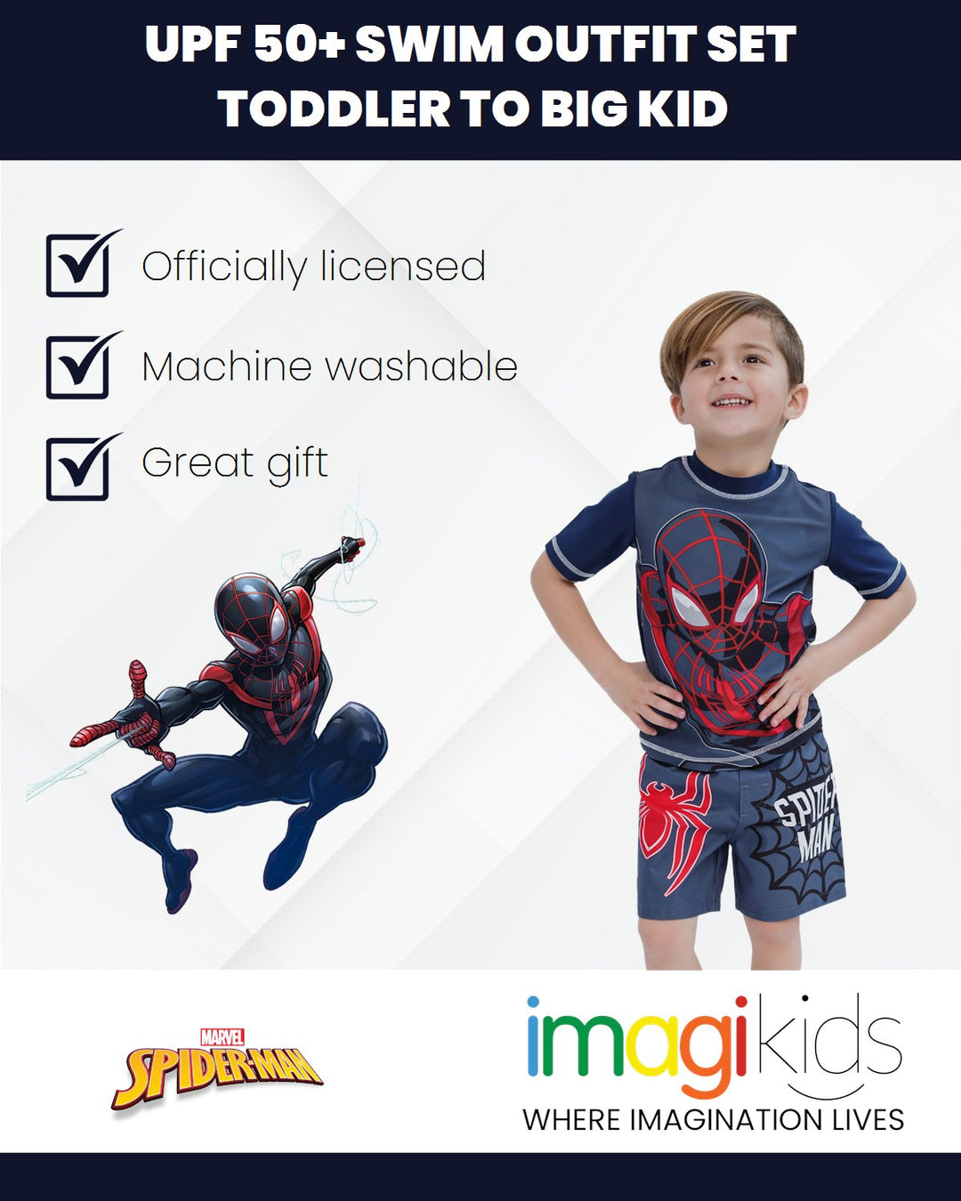 Marvel Spider - Man Miles Morales UPF 50+ Rash Guard Swim Trunks Outfit Set - imagikids