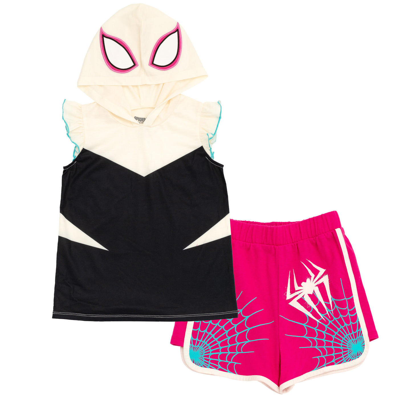 Marvel Spider-Man Spider-Gwen Hooded Cosplay Tank Top and Dolphin Active French Terry Shorts Outfit Set