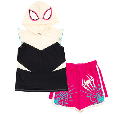 Marvel Spider-Man Spider-Gwen Hooded Cosplay Tank Top and Dolphin Active French Terry Shorts Outfit Set
