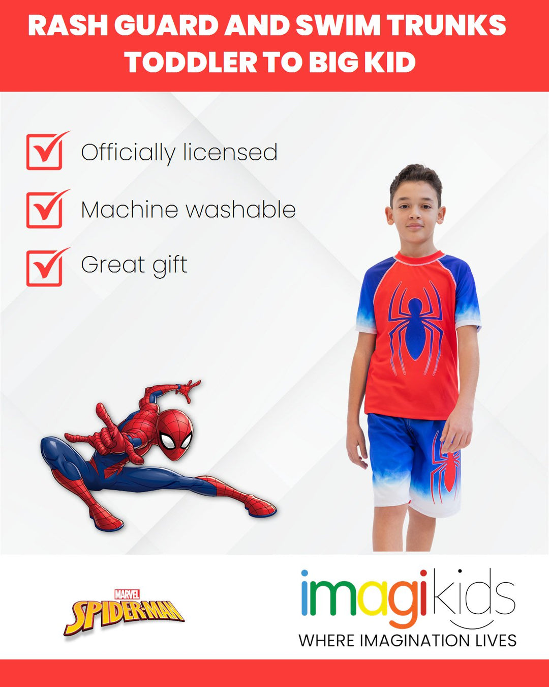 Marvel Spider - Man UPF 50+ Rash Guard Swim Trunks Outfit Set - imagikids