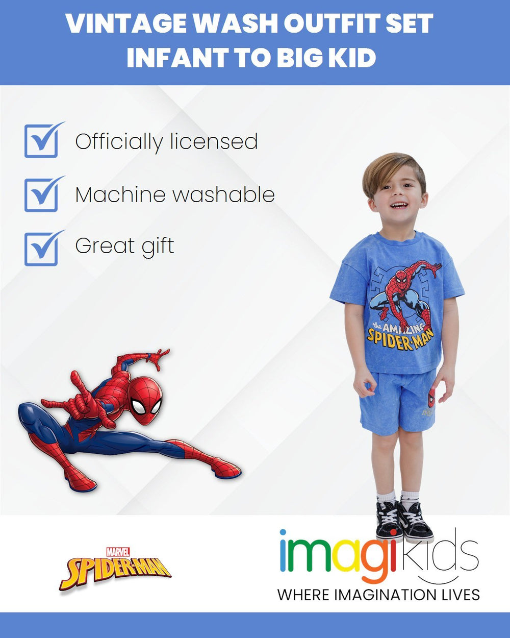 Marvel Spider - Man Vintage Wash Drop Shoulder T - Shirt and Shorts Outfit Set - imagikids