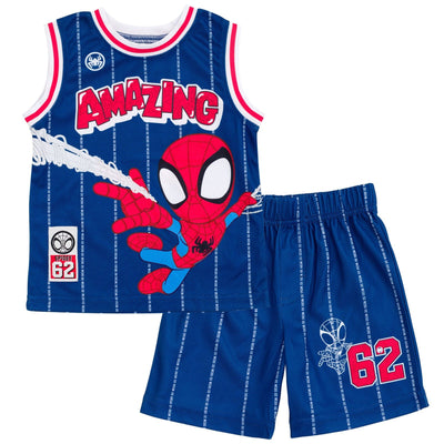 Marvel Spidey and His Amazing Friends Spider - Man Mesh Jersey Athletic Tank Top Basketball Shorts Outfit Set - imagikids