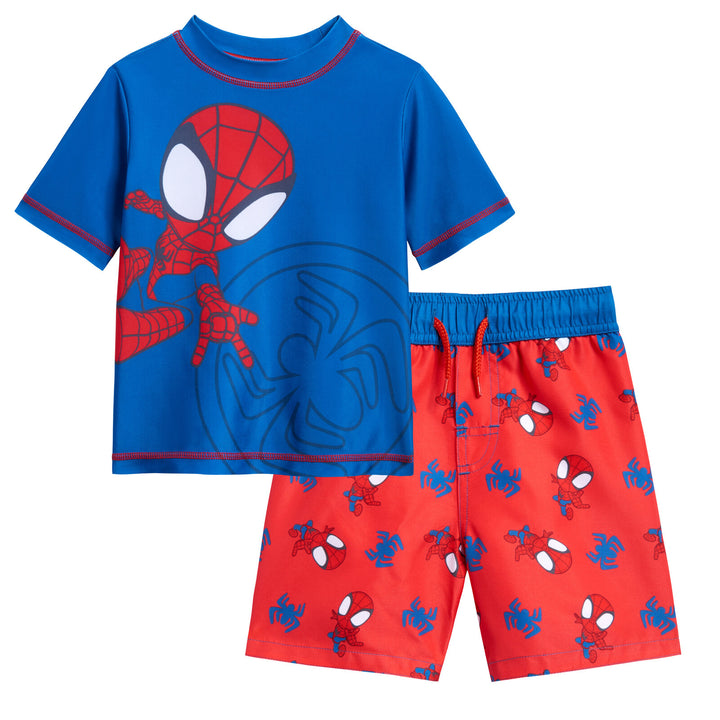 Marvel Spidey and His Amazing Friends Spider-Man UPF 50+ Rash Guard Swim Trunks Outfit Set