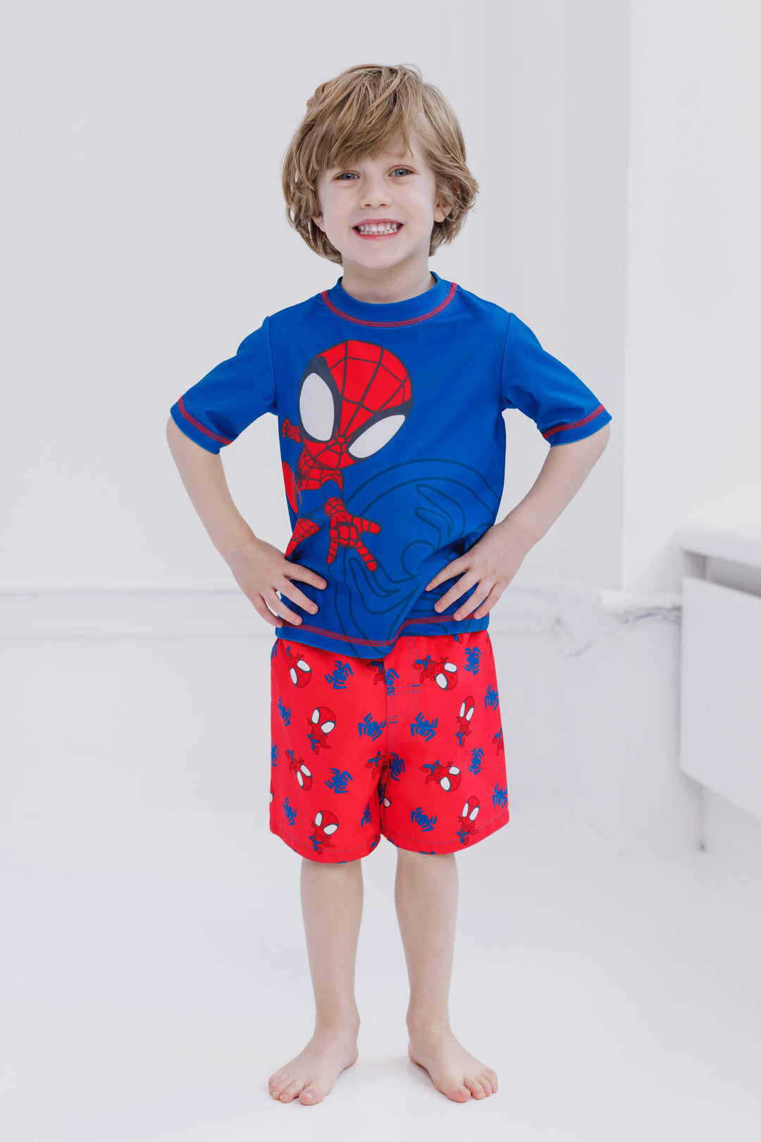 Marvel Spidey and His Amazing Friends Spider-Man UPF 50+ Rash Guard Swim Trunks Outfit Set