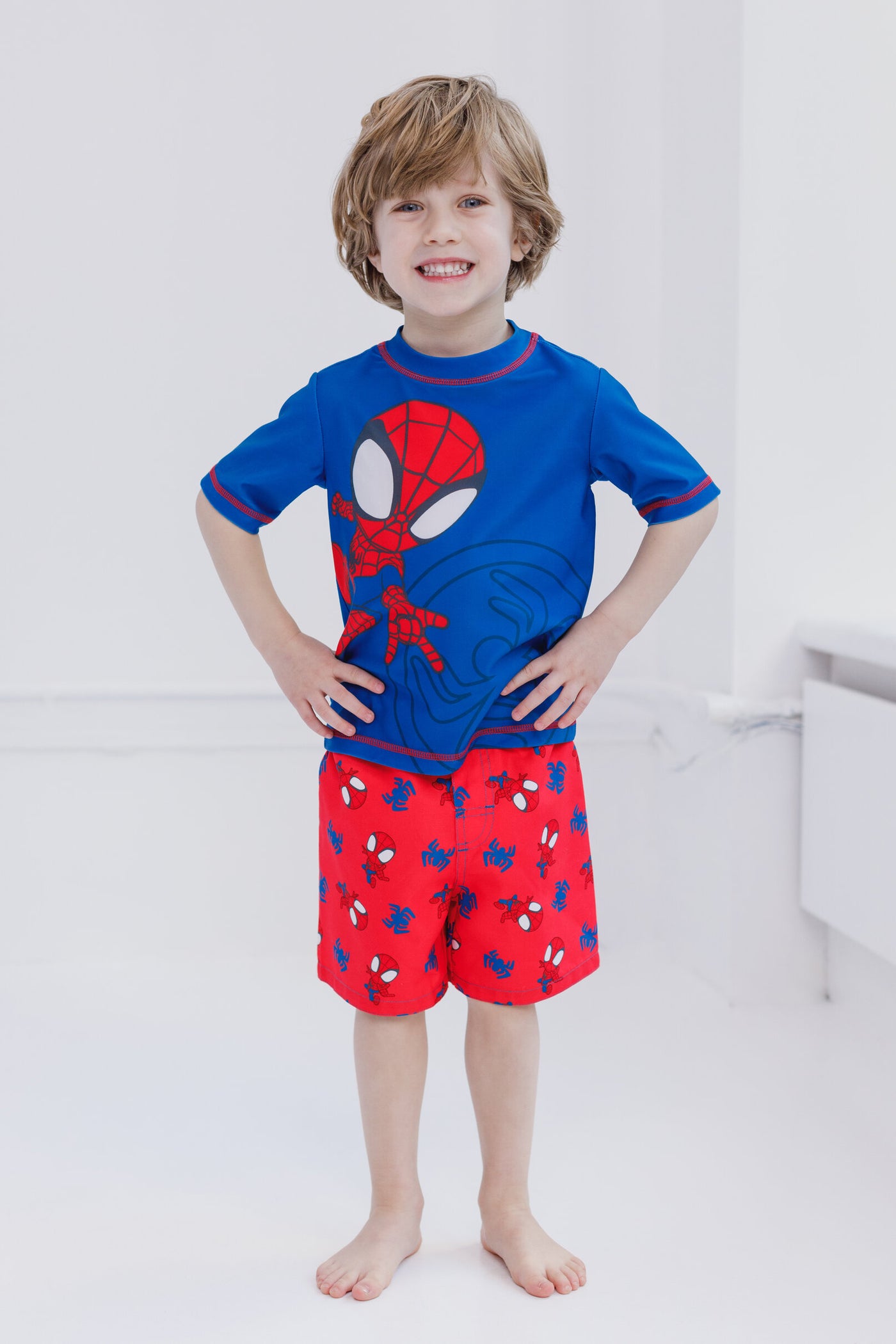 Marvel Spidey and His Amazing Friends Spider-Man UPF 50+ Rash Guard Swim Trunks Outfit Set