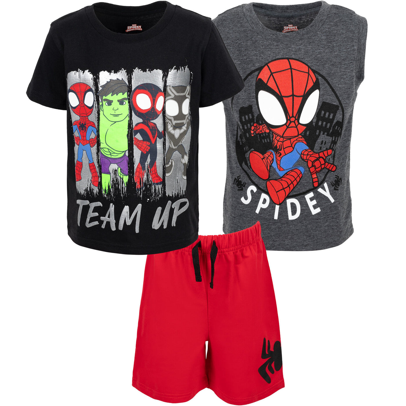 Marvel T-Shirt Tank Top and French Terry Shorts 3 Piece Outfit Set