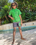 Minecraft Creeper Button Down Shirt and Swim Trunks UPF 50+ Outfit Set