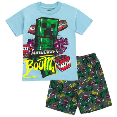 Minecraft Creeper Drop Shoulder T - Shirt and French Terry Shorts Outfit Set - imagikids