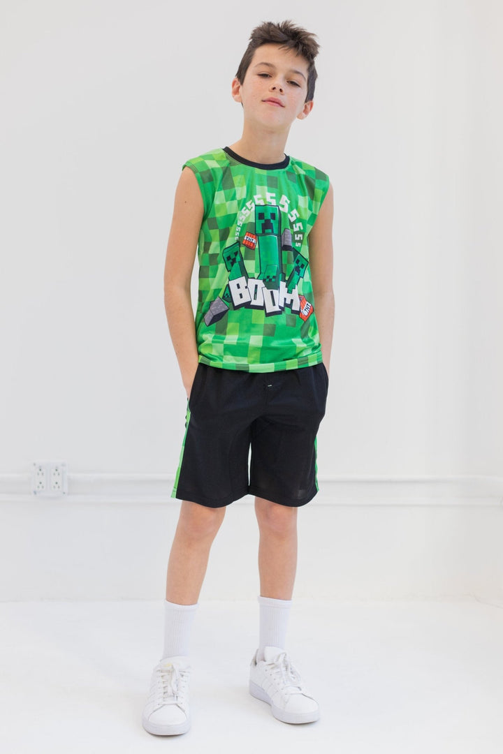 Minecraft Creeper T - Shirt Tank Top and MeshShorts 3 Piece Outfit Set Little Kid to Big Kid - imagikids