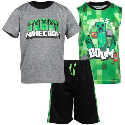 Minecraft Creeper T - Shirt Tank Top and MeshShorts 3 Piece Outfit Set Little Kid to Big Kid - imagikids