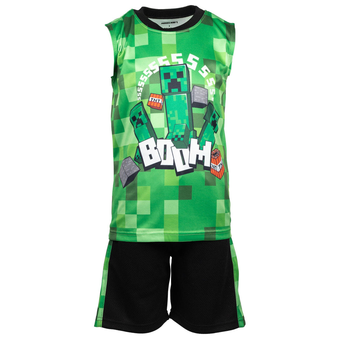 Minecraft Creeper T - Shirt Tank Top and MeshShorts 3 Piece Outfit Set Little Kid to Big Kid - imagikids