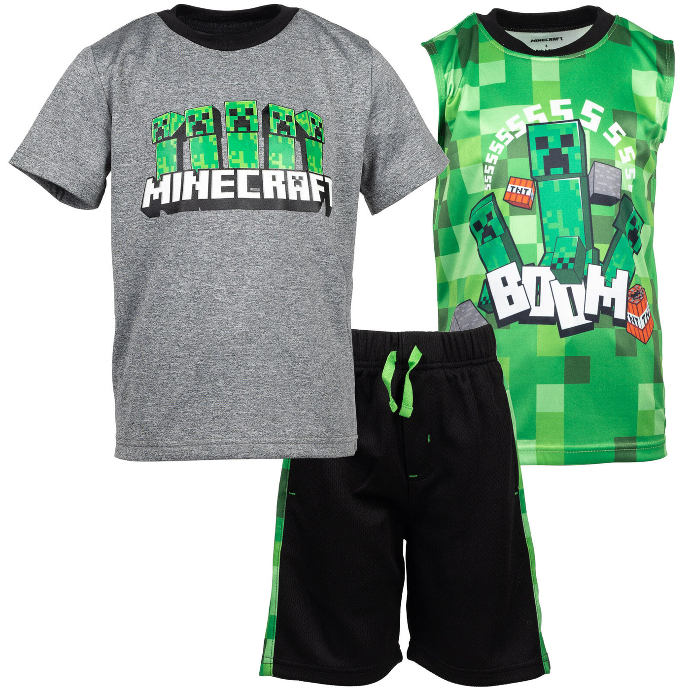 Minecraft Creeper T-Shirt Tank Top and MeshShorts 3 Piece Outfit Set Little Kid to Big Kid