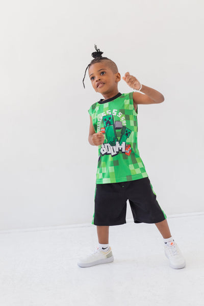 Minecraft Creeper T-Shirt Tank Top and MeshShorts 3 Piece Outfit Set Little Kid to Big Kid
