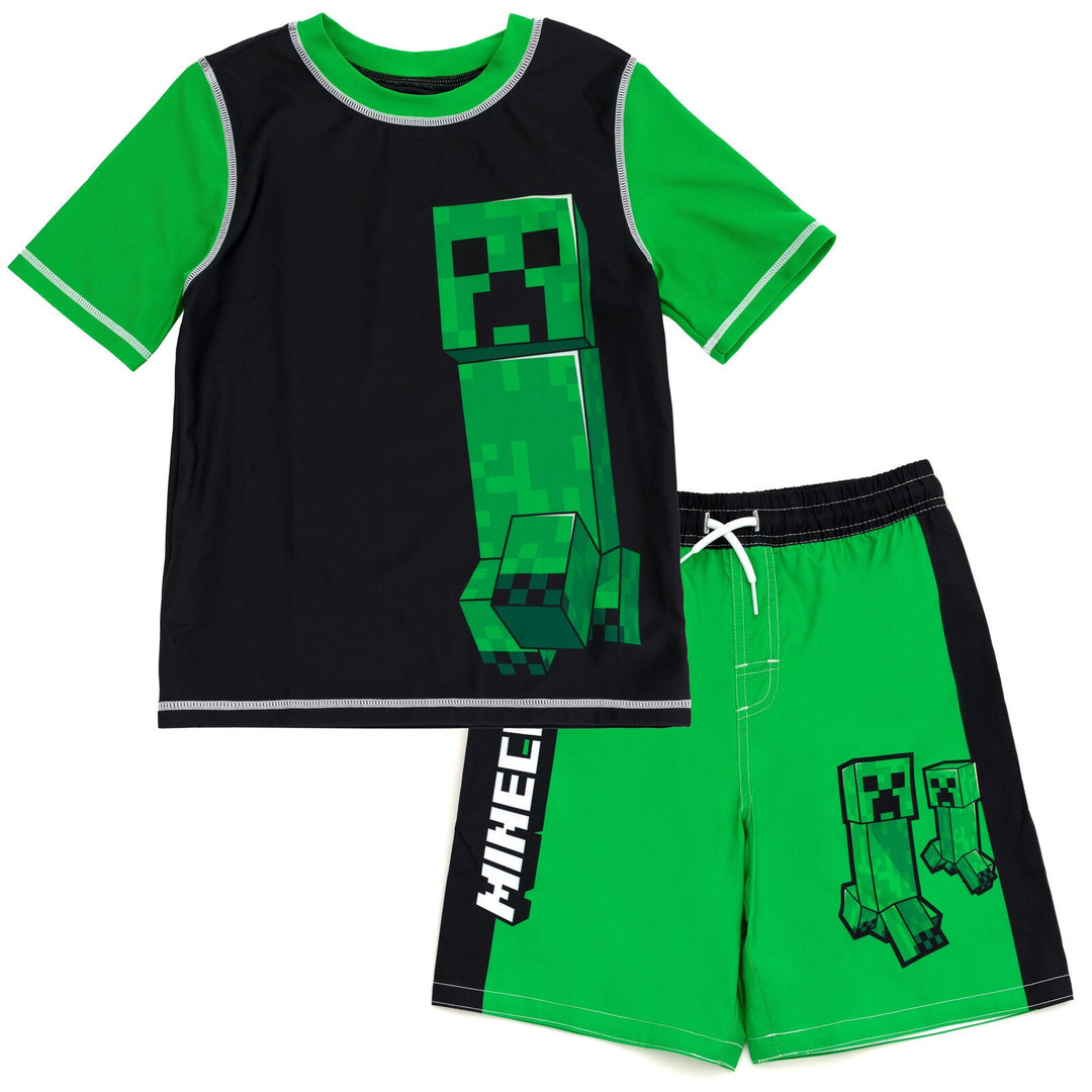 Minecraft Creeper UPF 50+ Rash Guard Swim Trunks Outfit Set - imagikids