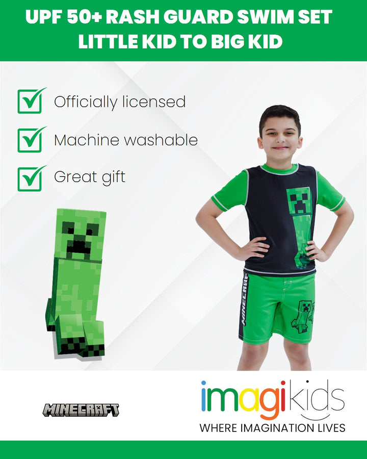 Minecraft Creeper UPF 50+ Rash Guard Swim Trunks Outfit Set - imagikids