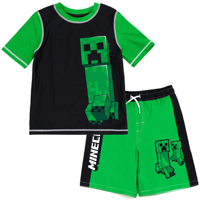 Minecraft Creeper UPF 50+ Rash Guard Swim Trunks Outfit Set