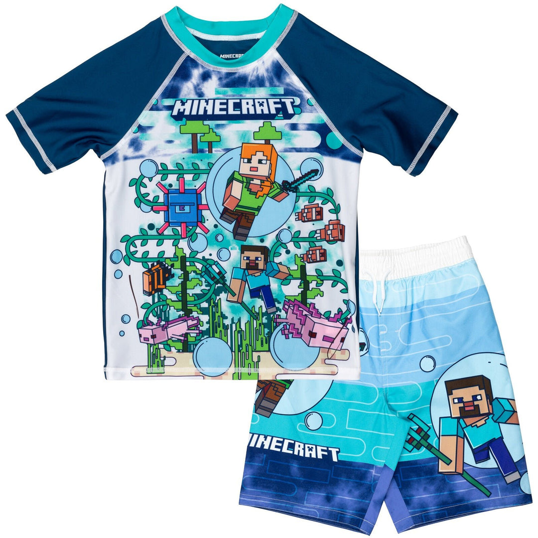 Minecraft UPF 50+ Rash Guard Swim Trunks Outfit Set - imagikids