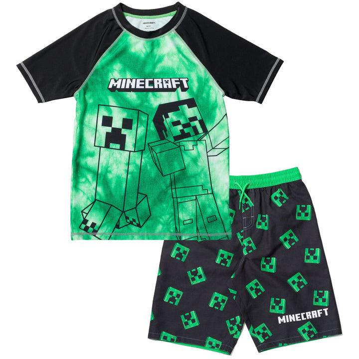 Minecraft UPF 50+ Rash Guard Swim Trunks Outfit Set - imagikids