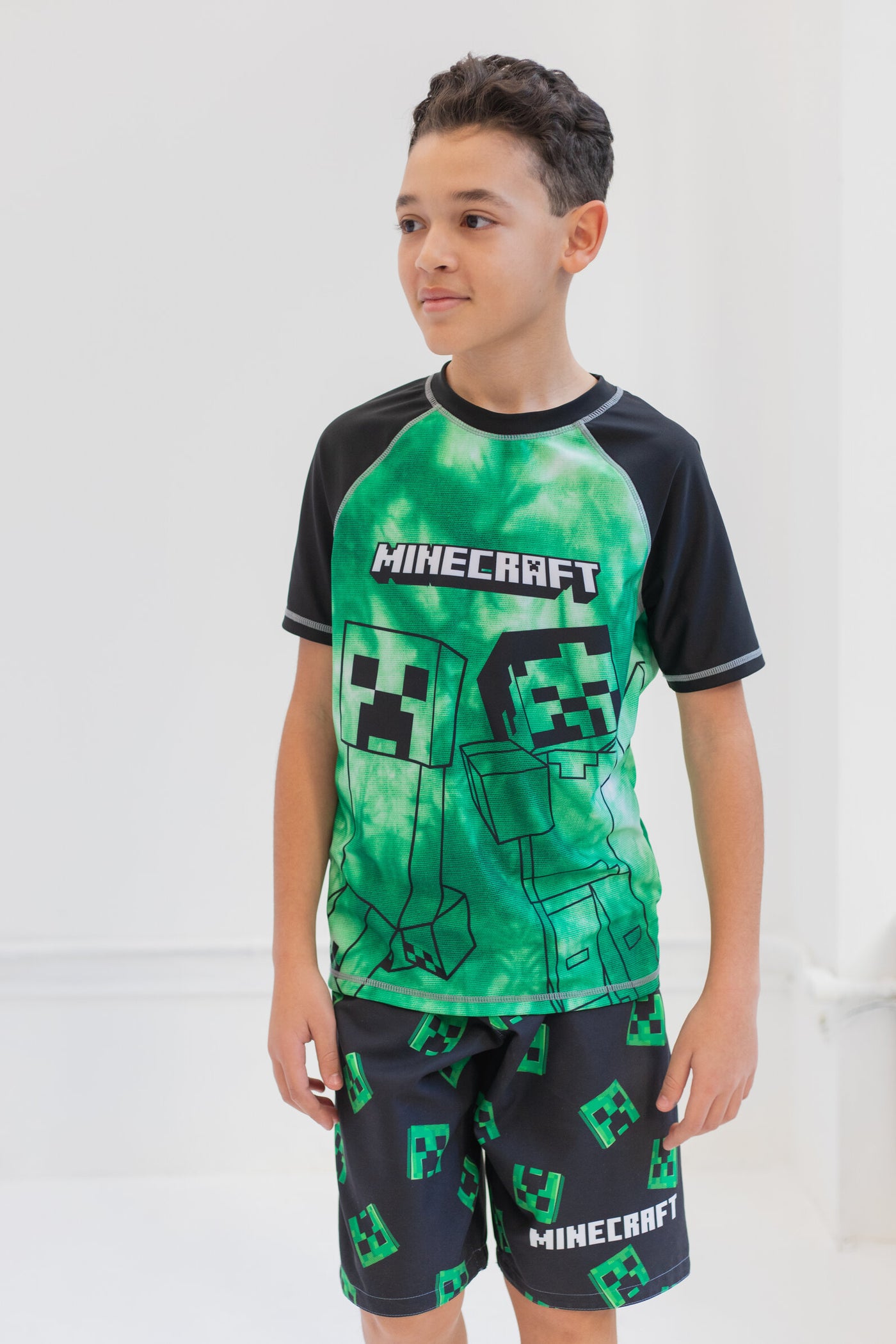 Minecraft UPF 50+ Rash Guard Swim Trunks Outfit Set