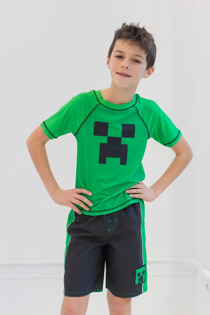 Minecraft Zombie UPF 50+ Rash Guard Swim Trunks Outfit Set - imagikids