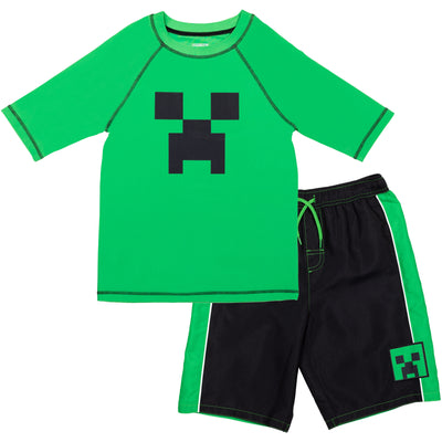Minecraft Zombie UPF 50+ Rash Guard Swim Trunks Outfit Set