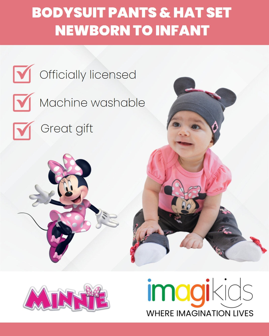 Minnie Mouse 3 Piece Outfit Set: Mix N' Match Bodysuit Pants Hat - imagikids