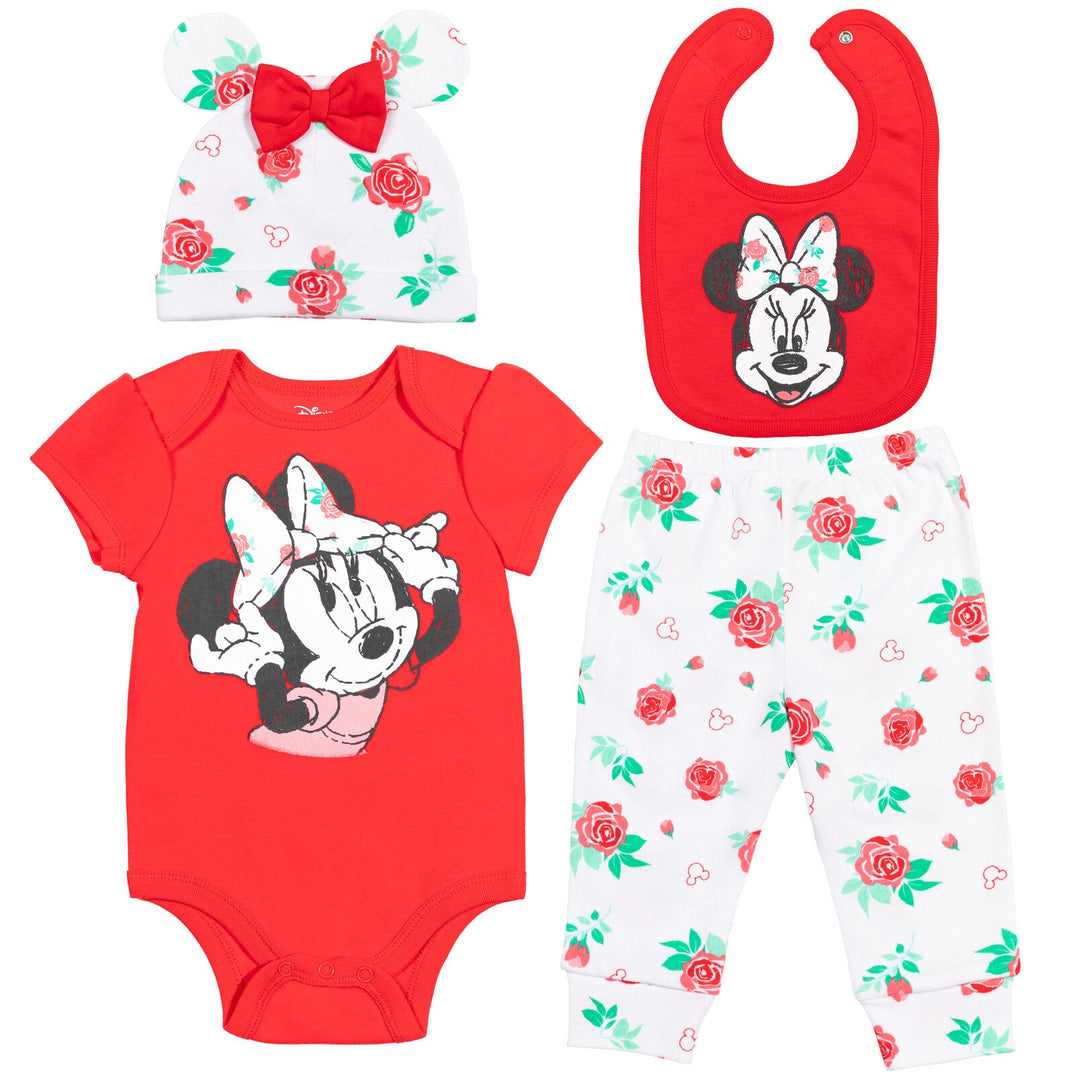 Minnie Mouse Bodysuit Pants Bib and Hat 4 Piece Outfit Set - imagikids