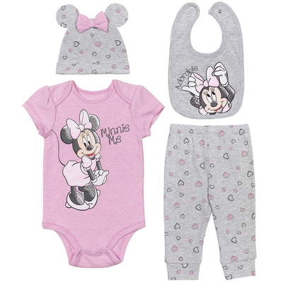 Minnie Mouse Bodysuit Pants Bib and Hat 4 Piece Outfit Set