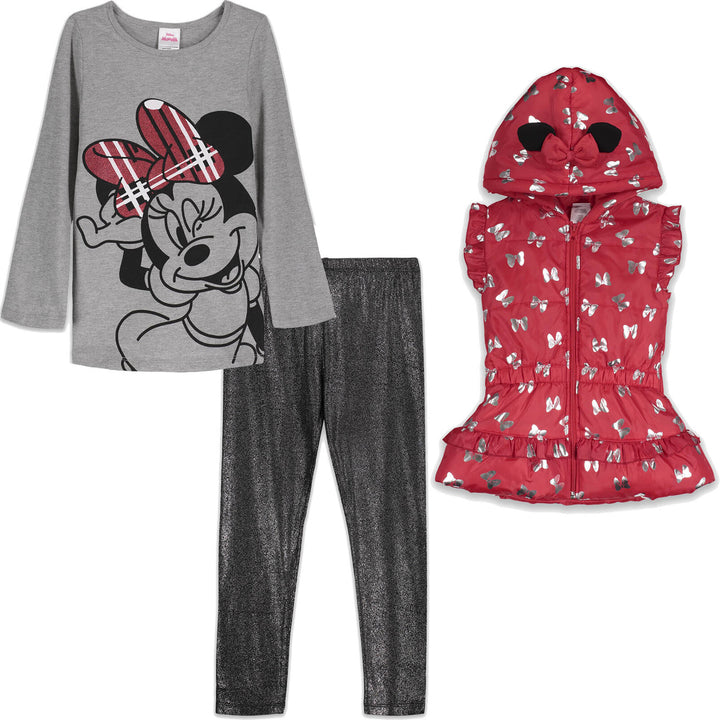 Minnie Mouse Zip Up Vest Puffer T-Shirt and Leggings 3 Piece Outfit Set