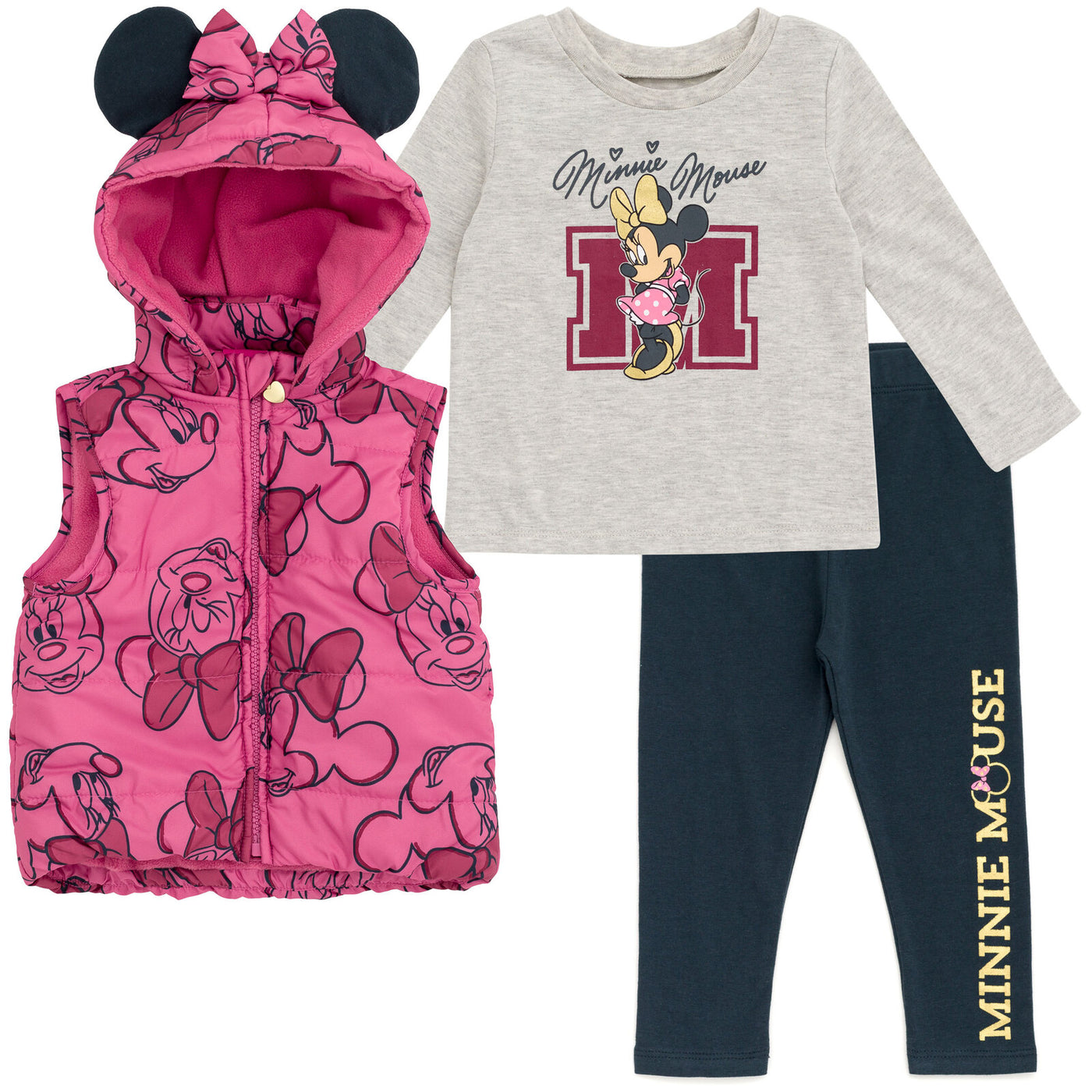 Minnie Mouse Zip Up Vest Puffer T-Shirt and Leggings 3 Piece Outfit Set