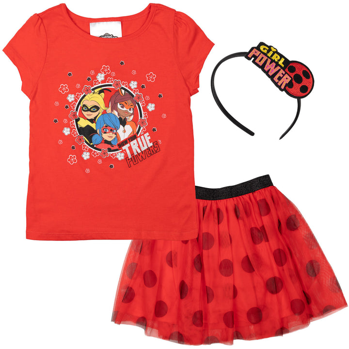 Miraculous Ladybug 3 Piece Outfit Set: T-Shirt Skirt Headband