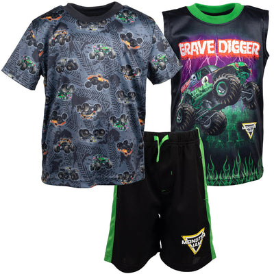 Monster Jam 3 Piece Outfit Set: T - Shirt Tank Top Mesh Shorts - imagikids