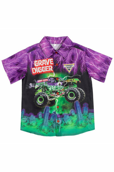 Monster Jam Grave Digger Short Sleeve Button Down Dress Shirt - imagikids