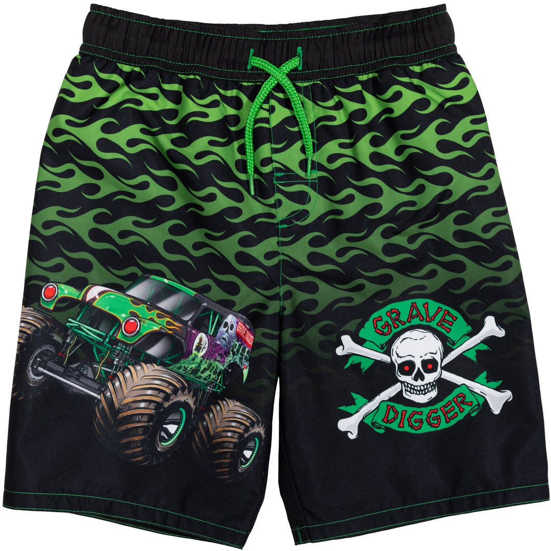 Monster Jam Grave Digger UPF 50+ Pullover Rash Guard Swim Trunks Outfit Set - imagikids