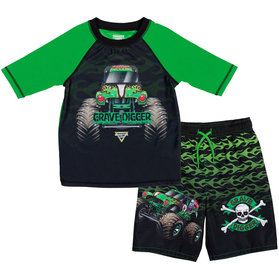 Monster Jam Grave Digger UPF 50+ Pullover Rash Guard Swim Trunks Outfit Set - imagikids