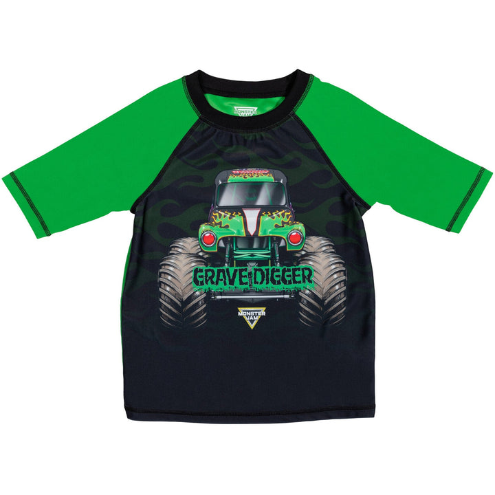 Monster Jam Grave Digger UPF 50+ Pullover Rash Guard Swim Trunks Outfit Set - imagikids